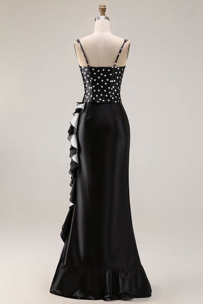 Black and White Polka Dots Mermaid Ruffled Asymmetrical Corset Prom Dress