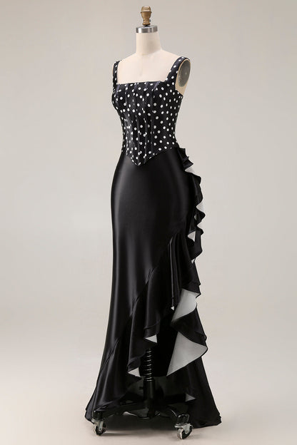 Black and White Polka Dots Mermaid Ruffled Asymmetrical Corset Prom Dress