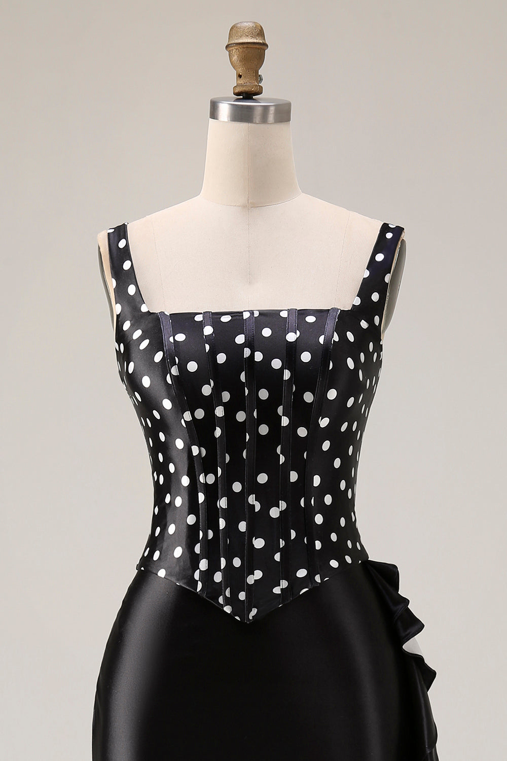 Black and White Polka Dots Mermaid Ruffled Asymmetrical Corset Prom Dress