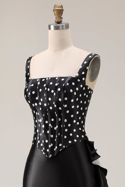 Black and White Polka Dots Mermaid Ruffled Asymmetrical Corset Prom Dress