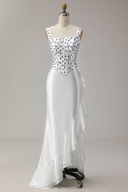 Black and White Polka Dots Mermaid Ruffled Asymmetrical Corset Prom Dress