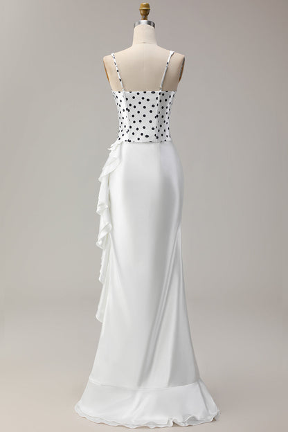 Black and White Polka Dots Mermaid Ruffled Asymmetrical Corset Prom Dress