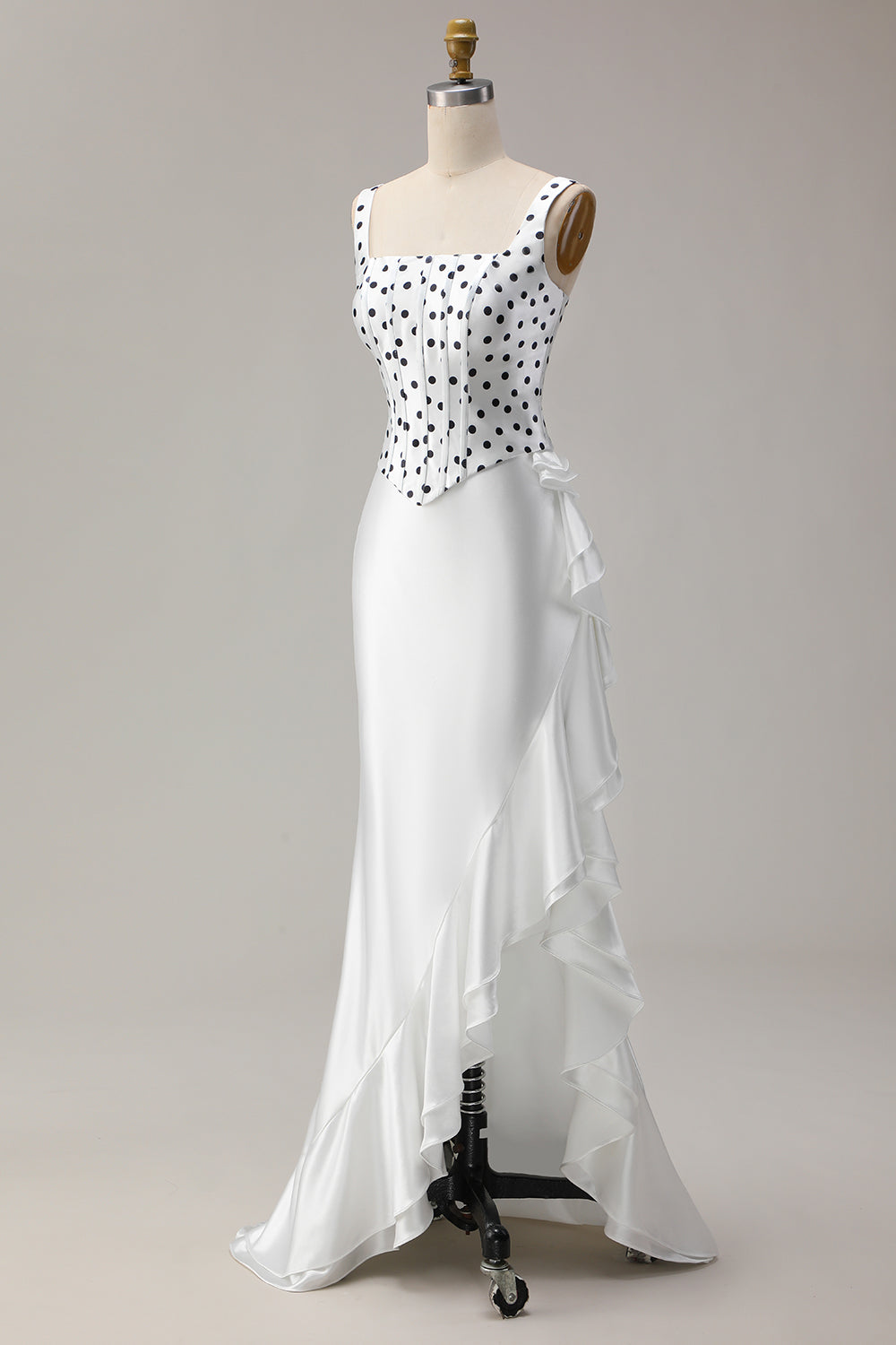 Black and White Polka Dots Mermaid Ruffled Asymmetrical Corset Prom Dress