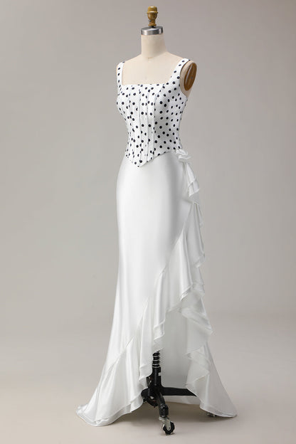 Black and White Polka Dots Mermaid Ruffled Asymmetrical Corset Prom Dress