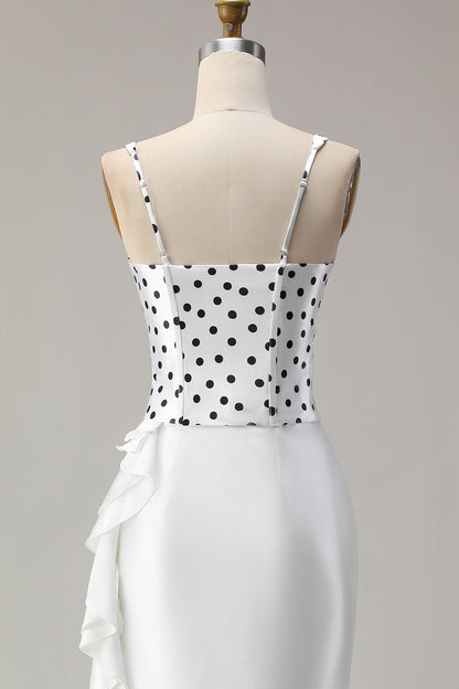 Black and White Polka Dots Mermaid Ruffled Asymmetrical Corset Prom Dress