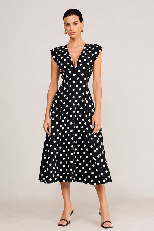 Black and White Polka Dots V-Neck A Line Midi Work Dress