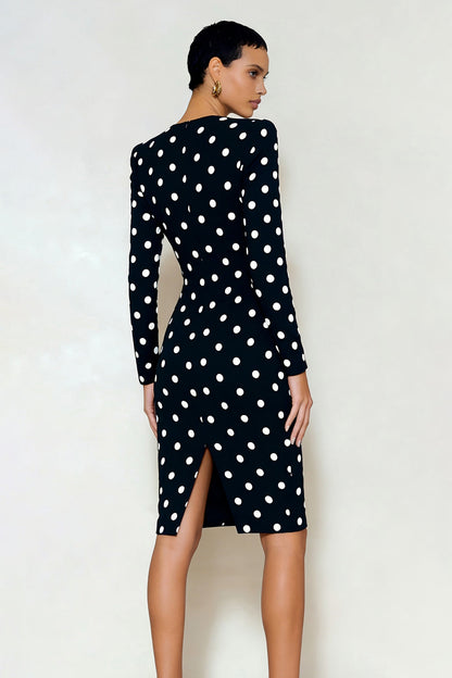 Black and White Polka Dots Pencil Midi Work Dress with Sleeves
