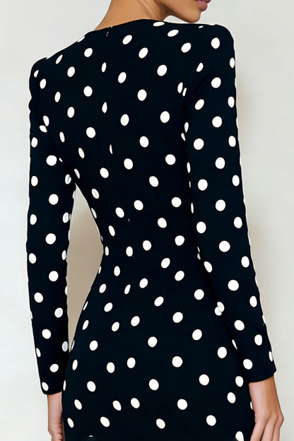 Black and White Polka Dots Pencil Midi Work Dress with Sleeves