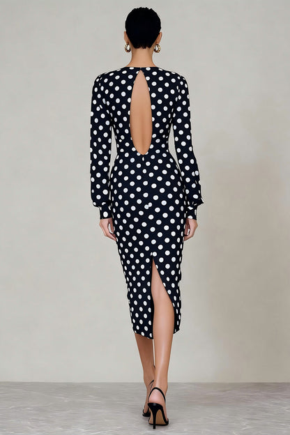 Black and White Polka Dots Crew Neck Midi Work Dress with Sleeves