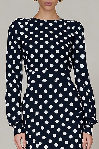 Black and White Polka Dots Crew Neck Midi Work Dress with Sleeves