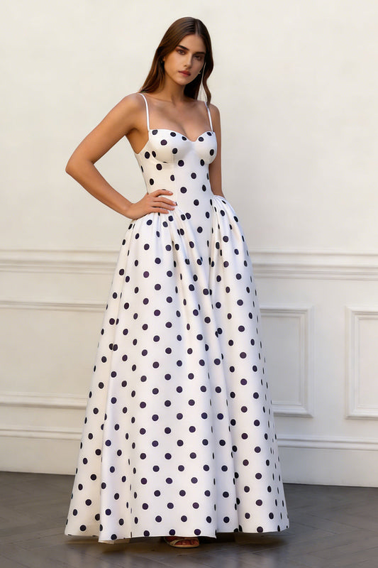 Black and White Dots A Line Spaghetti Straps Long Prom Dress