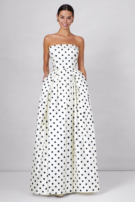 Black and White Polka Dots A Line Strapless Long Formal Dress
