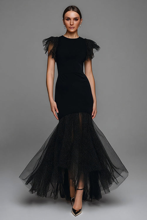 Black Polka Dots Mermaid Tulle Long Formal Dress with Ruffles