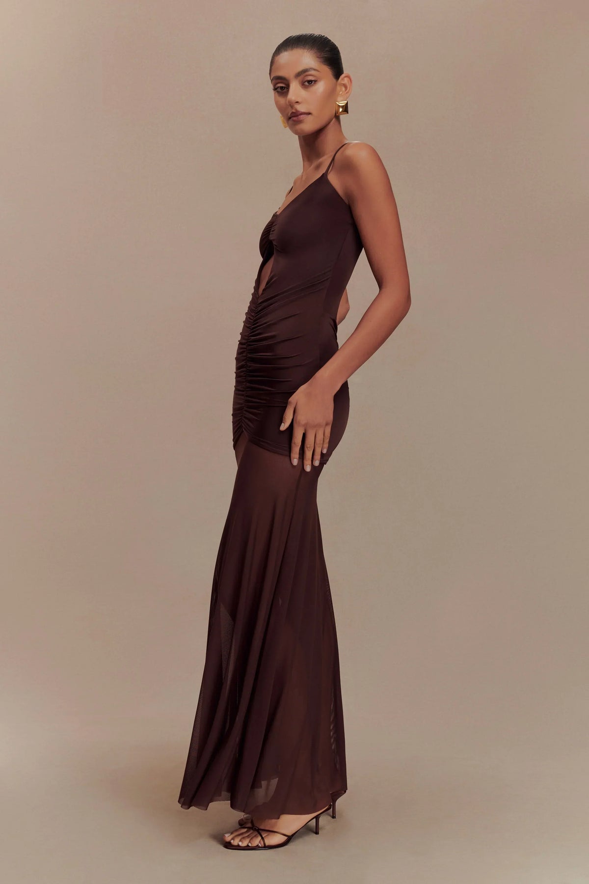 Delaney Slinky And Mesh Maxi Dress - Chocolate