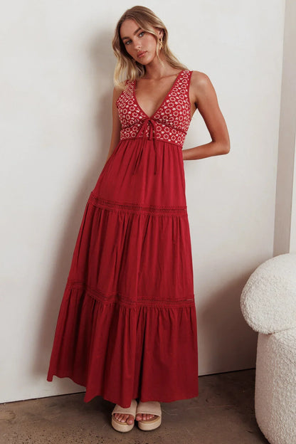 Joycelin V-Neck Eyelet Maxi Dress Red