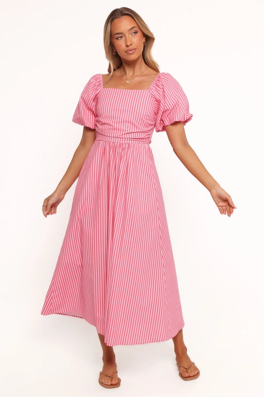 Chlo Puff Sleeve Midi Dress - Red Stripe
