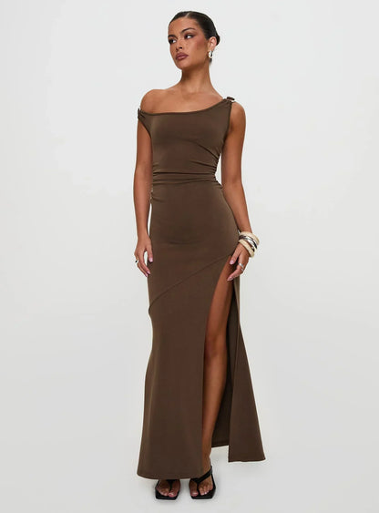 Rios One Shoulder Maxi Dress Brown