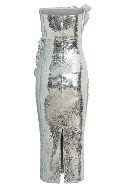 Cassia Strapless Sequin Rose Midi Dress - Silver