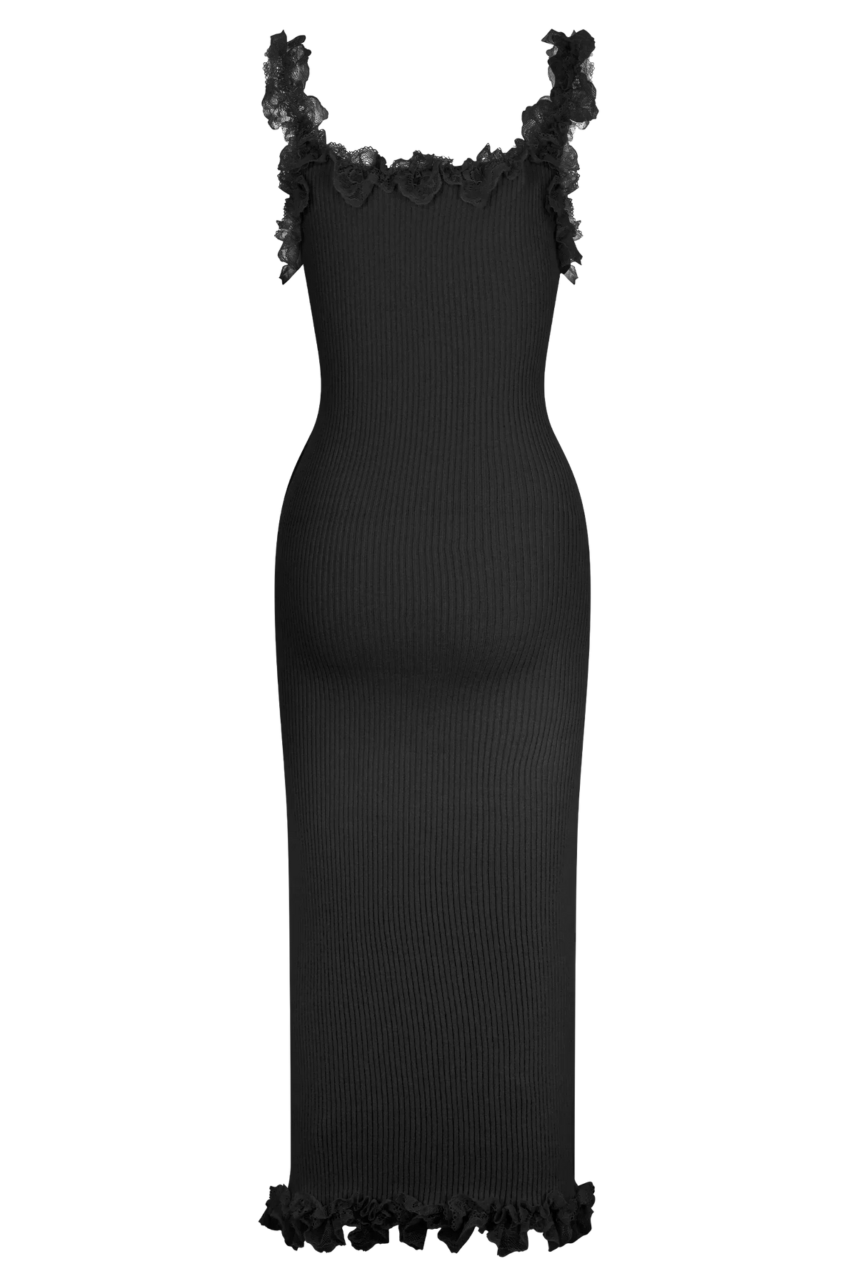 Shay Lace Ruffle Knit Midi Dress - Black