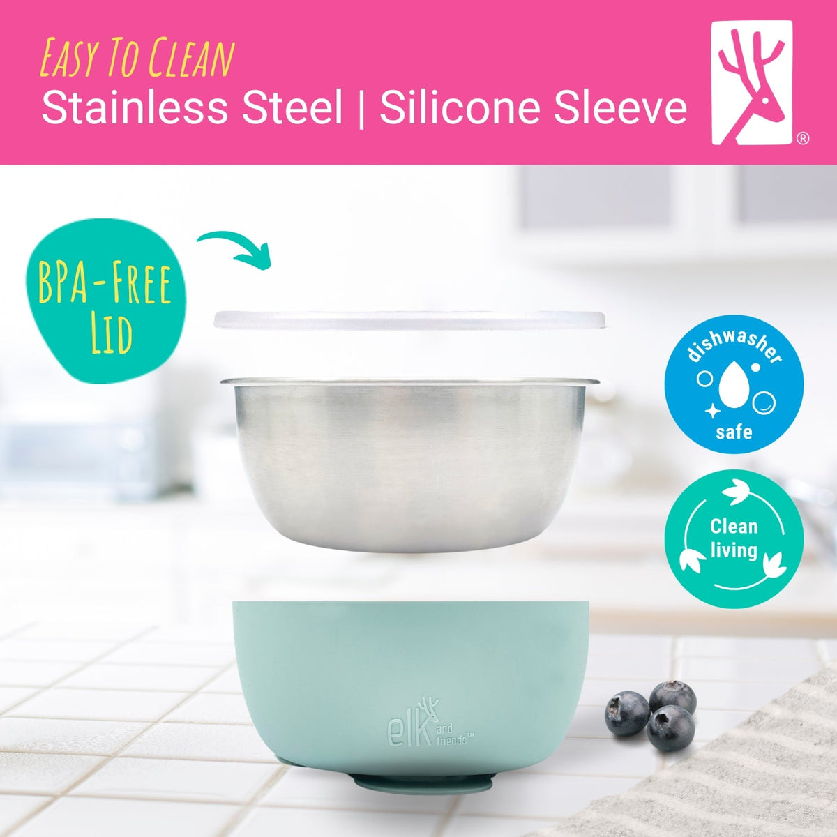 Stainless Steel Bowl with Silicone Suction Sleeve + Lids