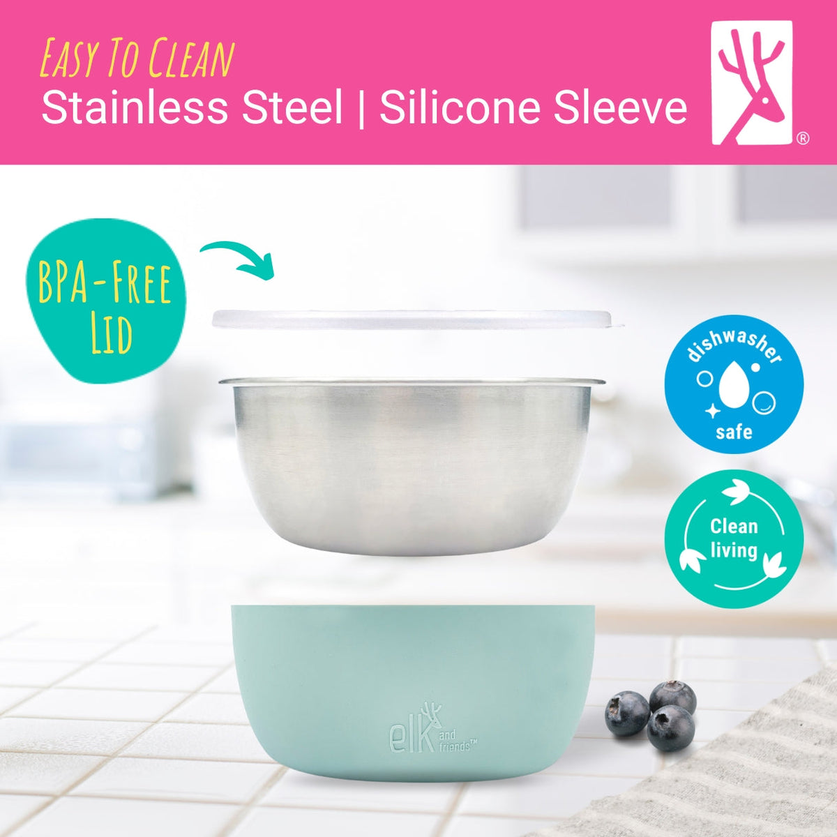 Stainless Steel Bowl with Silicone Sleeve + Lids