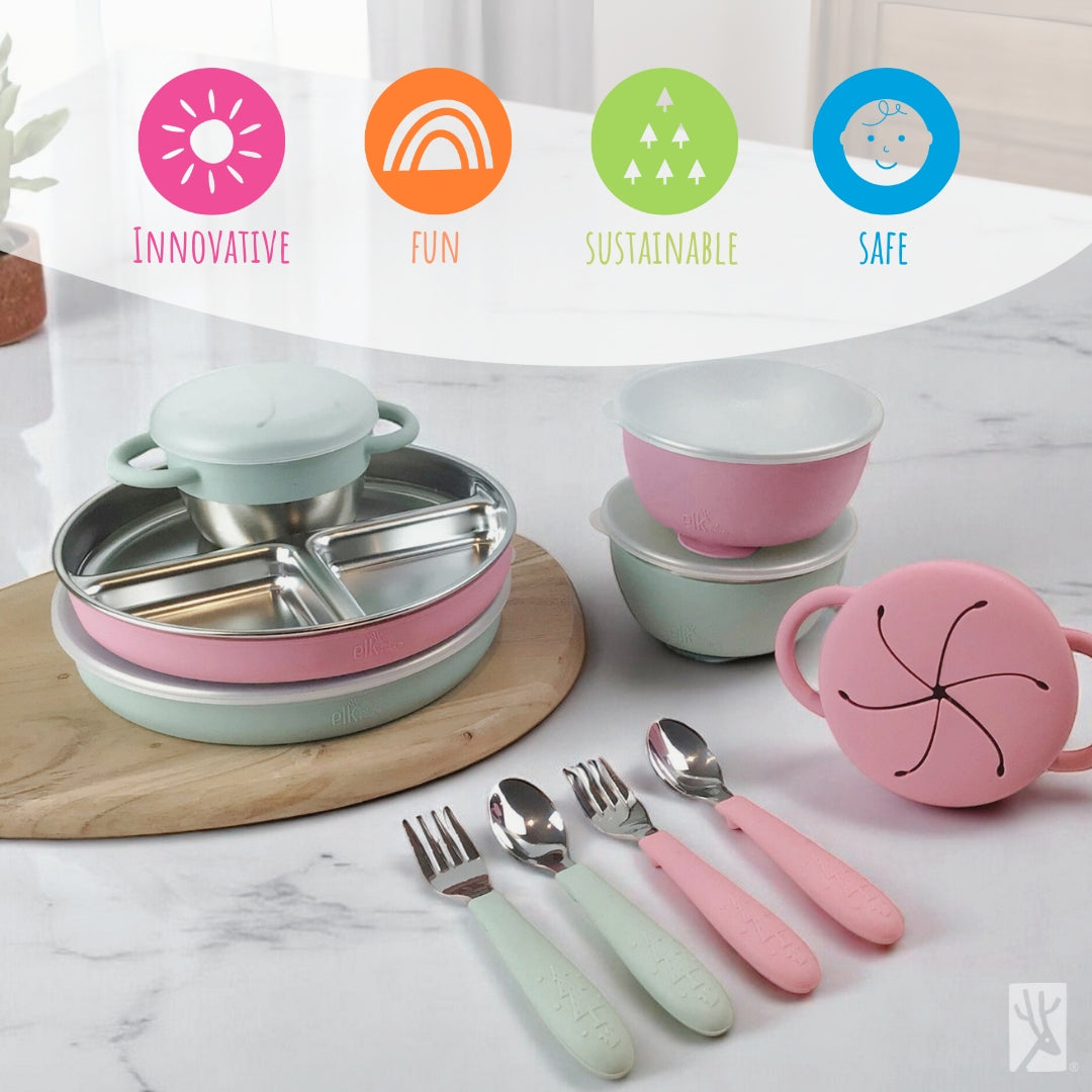 Stainless Steel Mealtime Bundle | Plates, Bowls, Snack Cups + Toddler Utensils | Suction Sleeves | Sage/MistyBlue