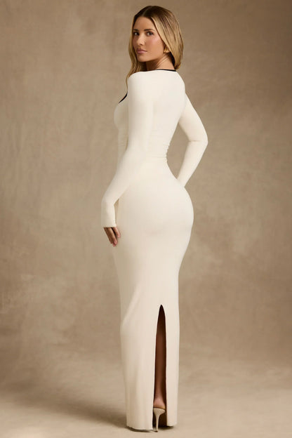 Modal Contrast-Trim Maxi Dress in Ivory