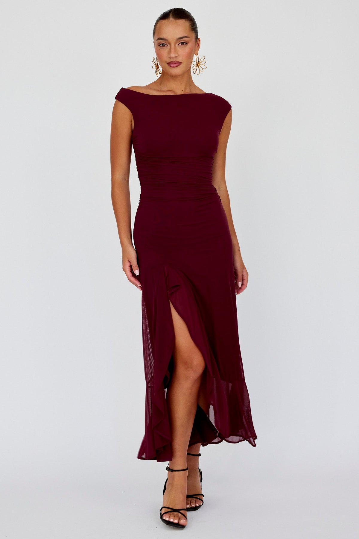 Moonlit Magic Asymmetric Neckline Maxi Dress Wine