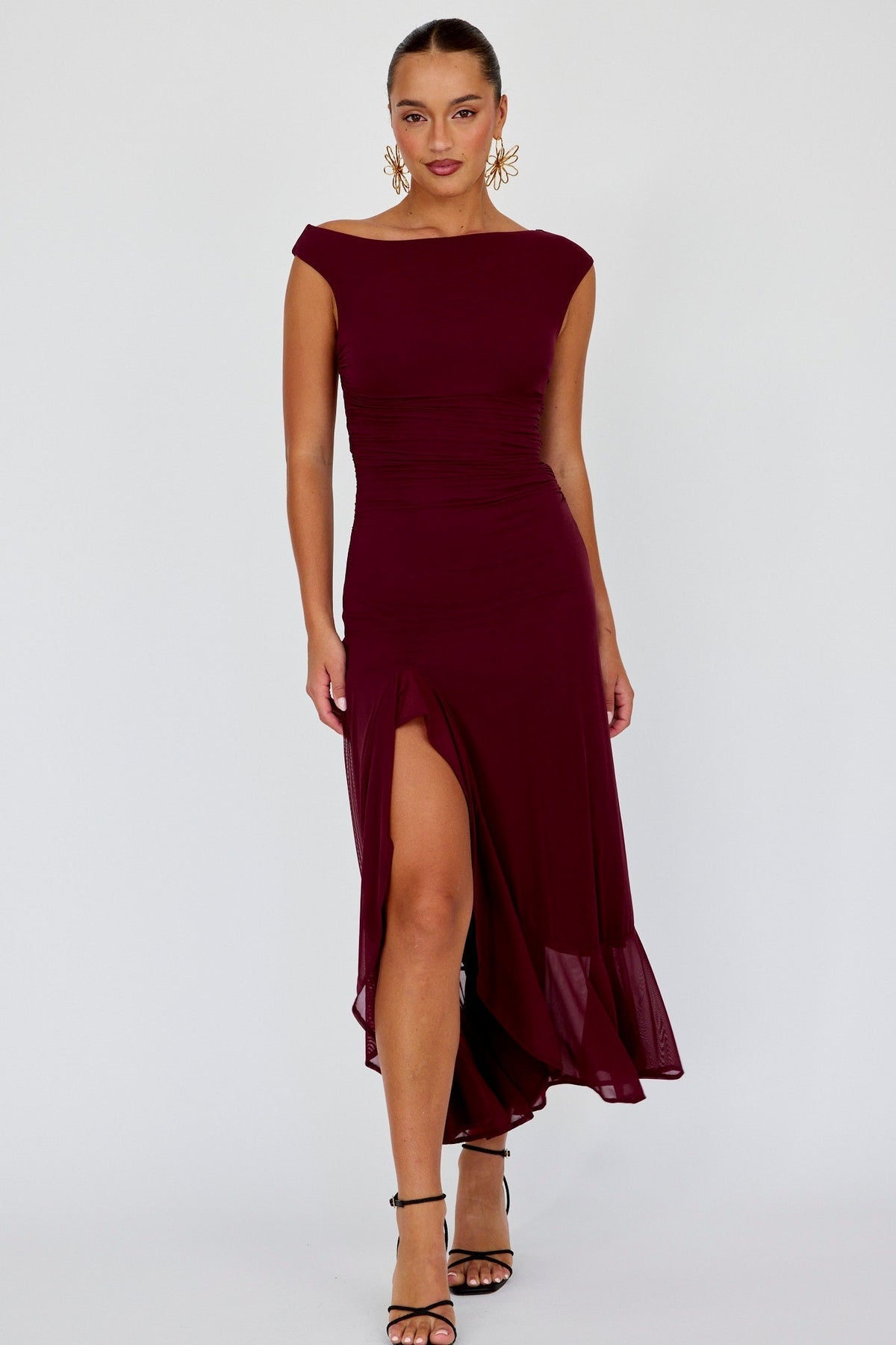 Moonlit Magic Asymmetric Neckline Maxi Dress Wine