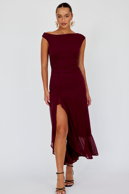 Moonlit Magic Asymmetric Neckline Maxi Dress Wine