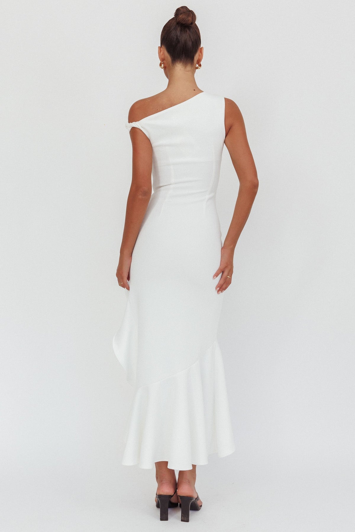 Lights On One-Shoulder Ruffle Hem Maxi Dress White