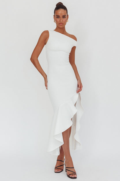 Lights On One-Shoulder Ruffle Hem Maxi Dress White