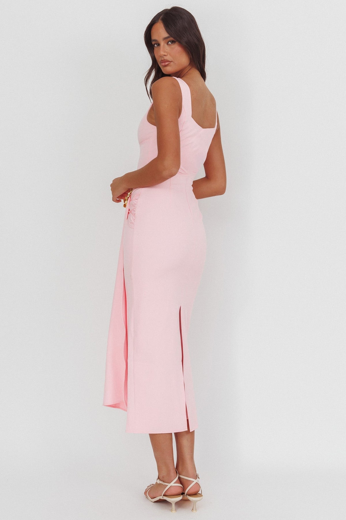 Zimora Gold Buckle Waist Drape Maxi Dress Pink