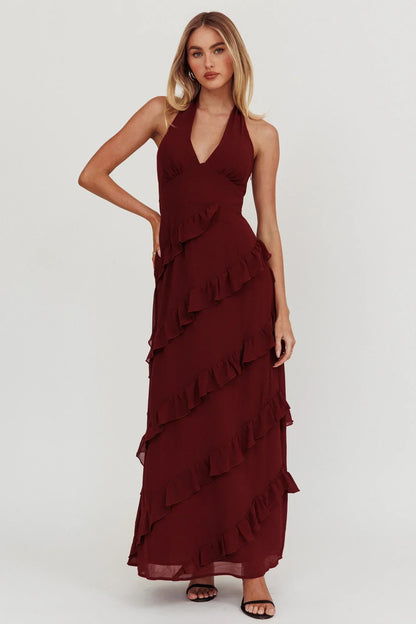 Flirt Frill Trim Halter Maxi Dress Wine