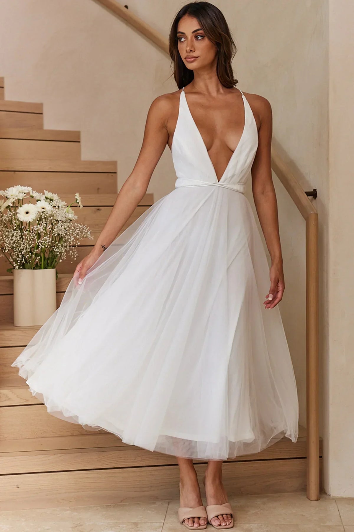 Floating By Plunging Neckline Mesh Overlay Midi Dress White