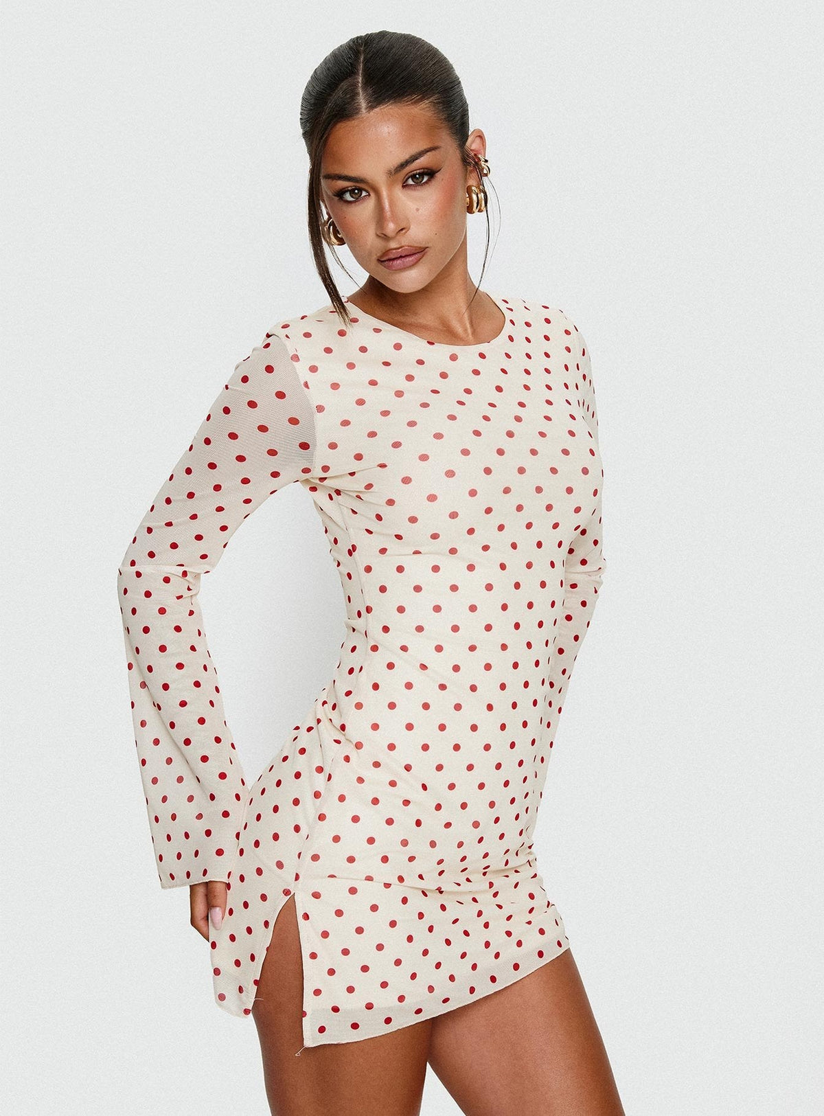 Nyxia Long Sleeve Mini Dress Cream / Red Polka