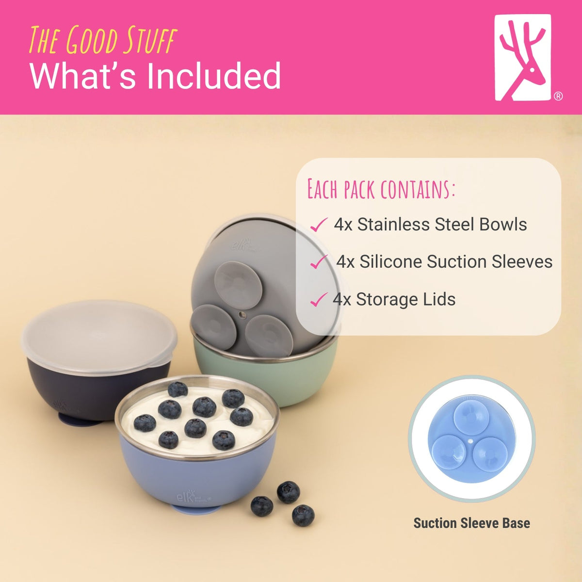 Stainless Steel Bowl with Silicone Suction Sleeve + Lids