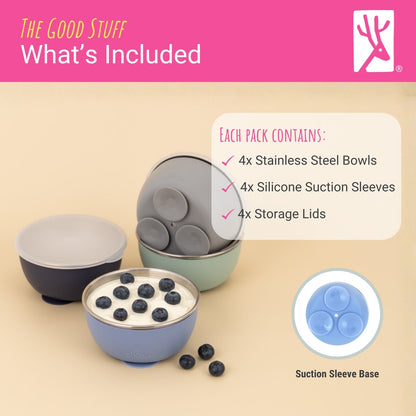 Stainless Steel Bowl with Silicone Suction Sleeve + Lids