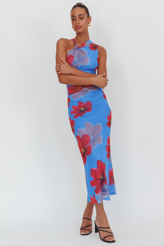 On Air Twist Neck Maxi Dress Floral Blue