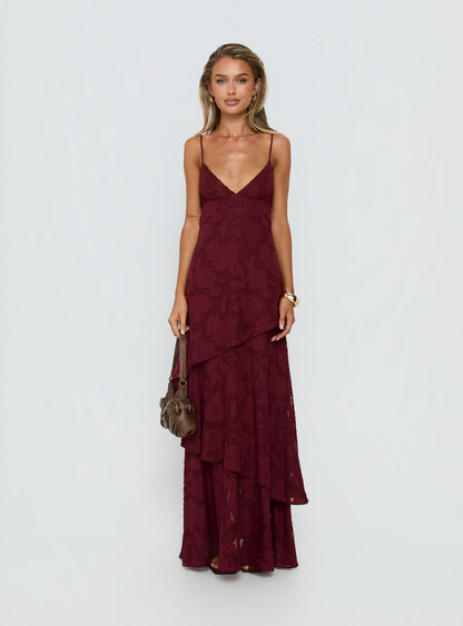 Lyricah Tiered Tie Back Maxi Dress Burgundy