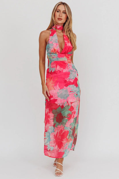 Cipriana Backless Halter Maxi Dress Floral Fuchsia