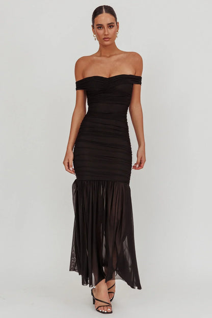La Salle Off Shoulder Mesh Maxi Dress Black