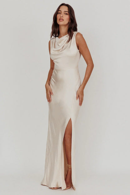 Jinora Cowl Neck Leg Slit Satin Maxi Dress