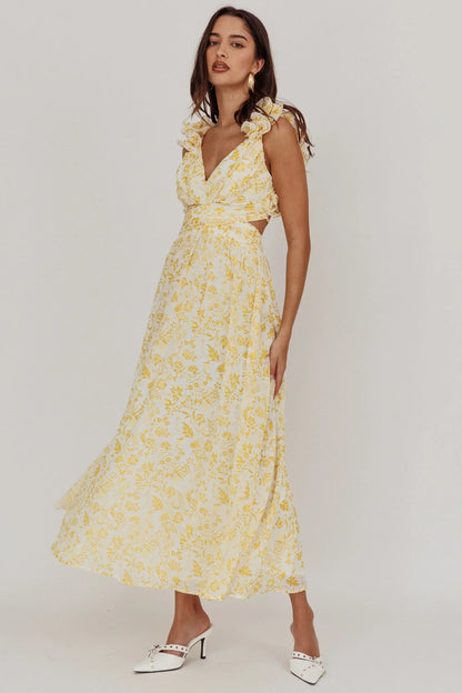 Madara Lace-Up Back Maxi Dress Floral Yellow