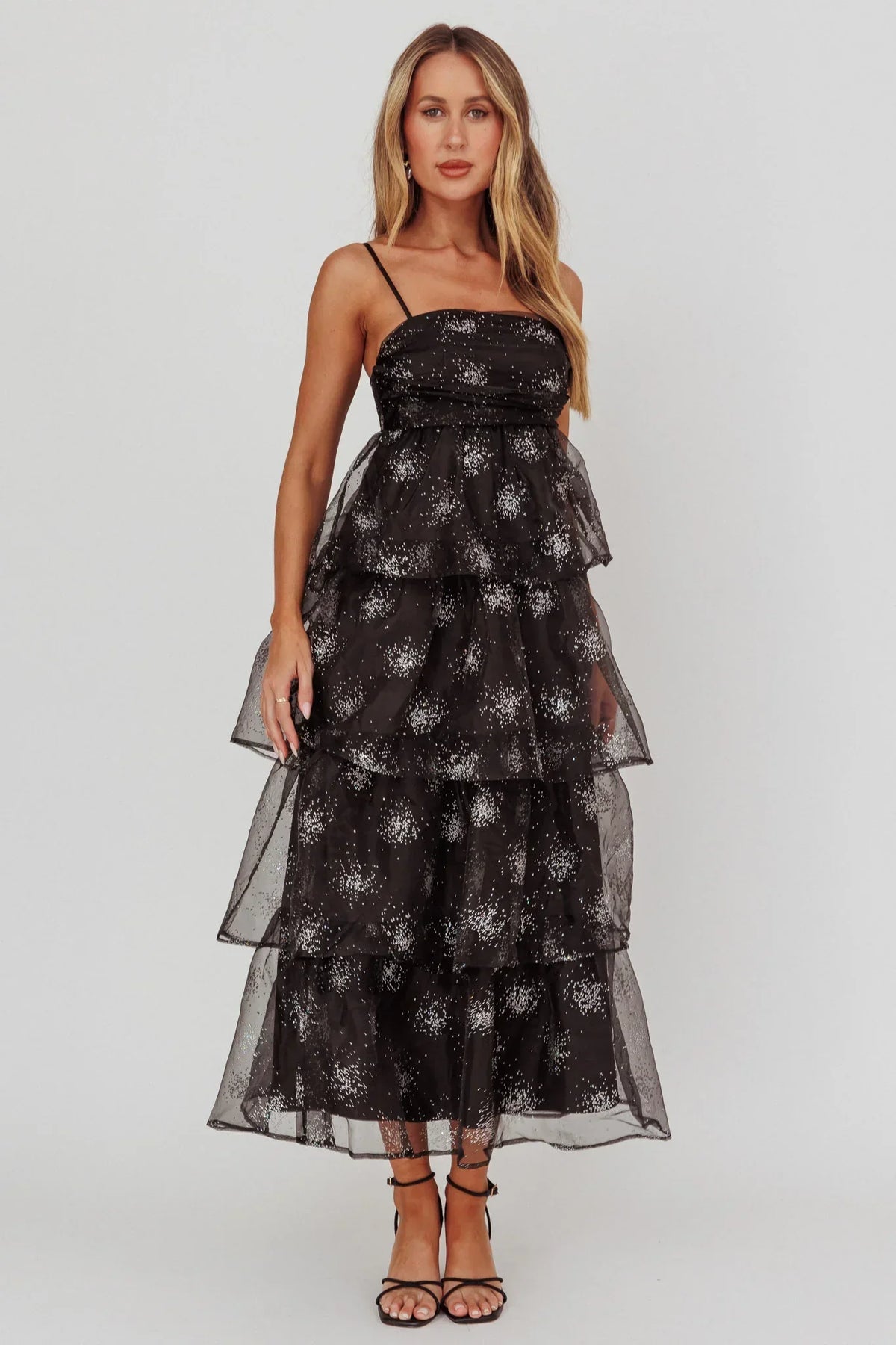 Morina Tiered Maxi Dress Glitter Black