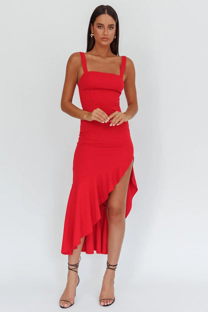 Delighted Asymmetric Hem Maxi Dress Red