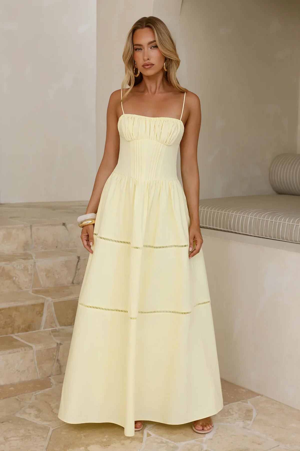 Sunny Day Embroidered Tiered Maxi Dress Yellow
