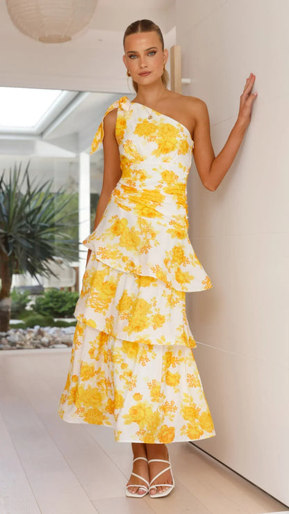Odilie One Shoulder Maxi Dress - Yellow Floral