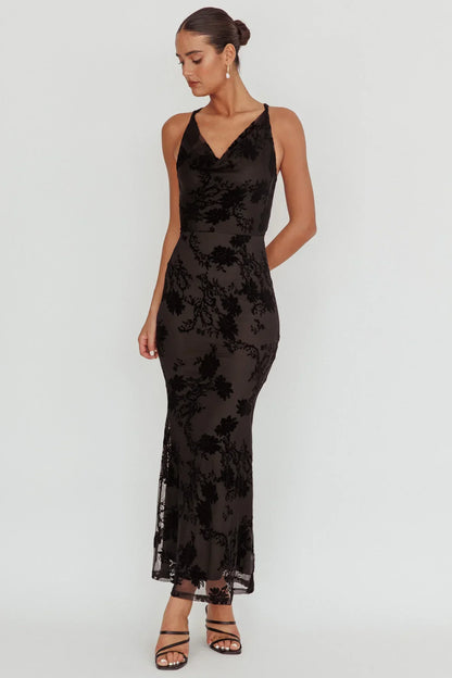 Delancy Cowl Neck Floral Maxi Dress Black