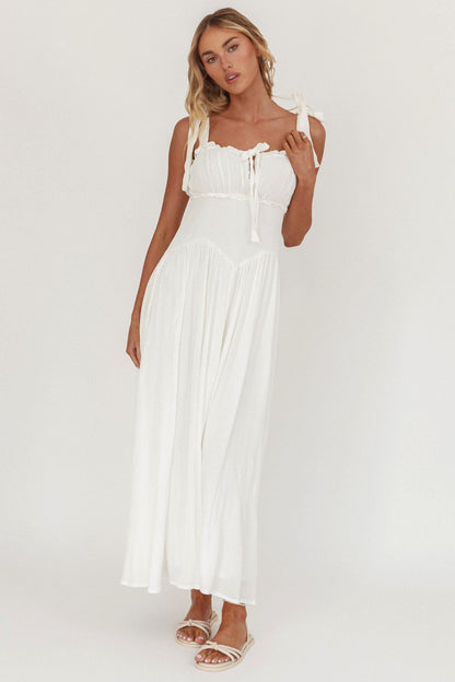 Albury Tied Shoulder Basque Waist Midi Dress White